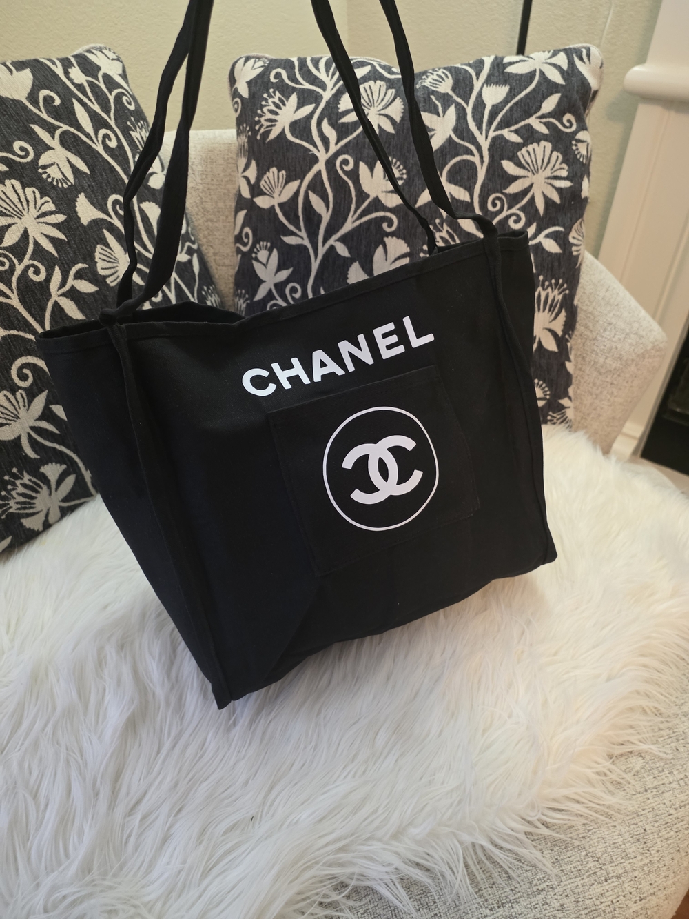 Black Canvas Tote Bag with White Print - Picture 2 of 9